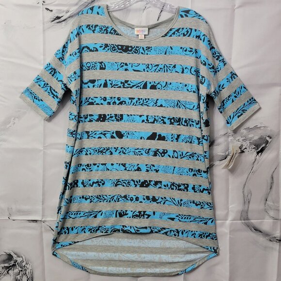LuLaRoe Irma Tunic Top XS Gray Blue Black Floral Stripe Hi-Low Hem - Picture 1 of 8